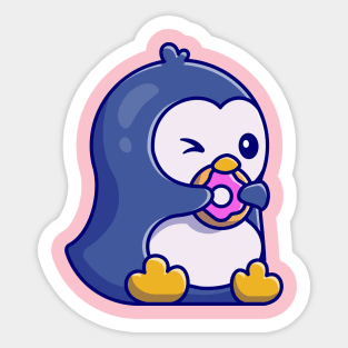 Cute Penguin Eating Doughnut Cartoon Sticker